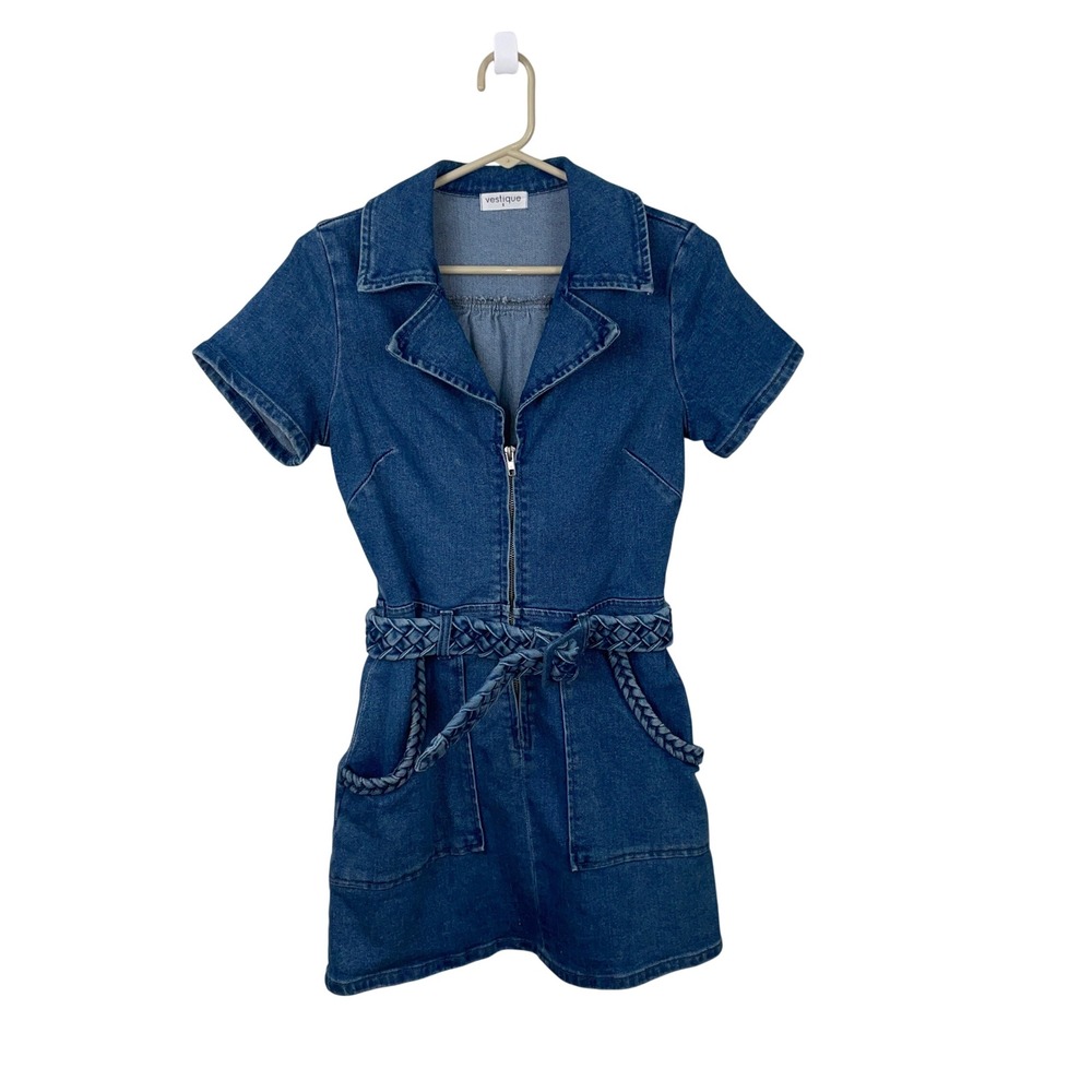 Vestique Women Blue Denim Zip Front Dress Braided Belt Short Sleeve Small